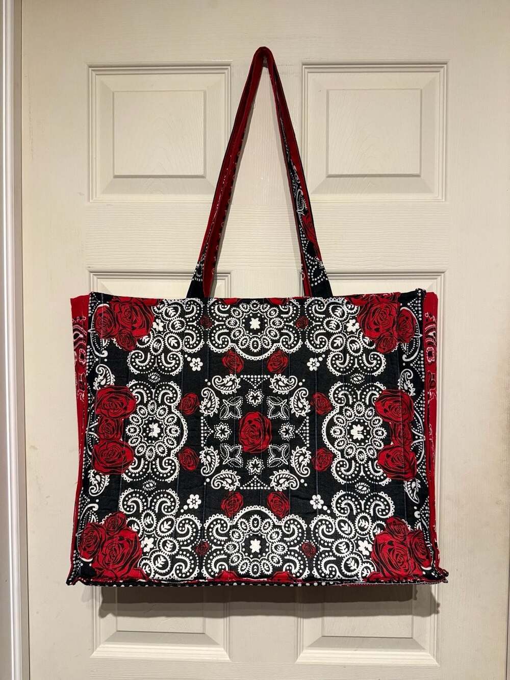 Handmade custom Quilted Tote Bag Red Black White Rose Bandana Print 18x14 1/2